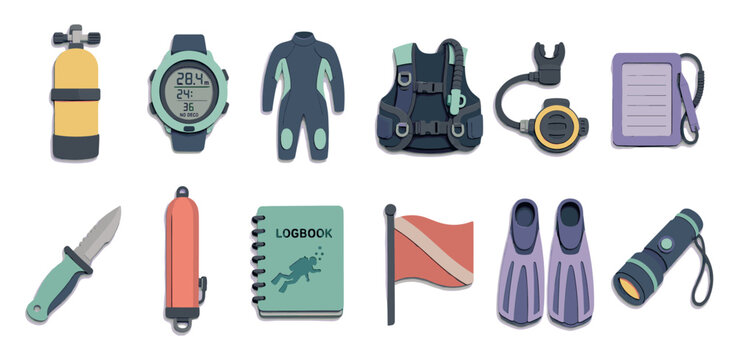 Scuba diving equipment and gear icons including oxygen tank, wetsuit, fins, regulator, dive computer, and logbook for underwater sports