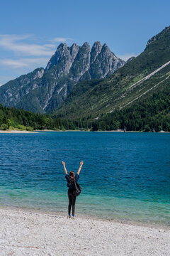 Italy, landscape of the Lake Predil in the julian Alps with the Cinque Punte peaks in the backgroung..
