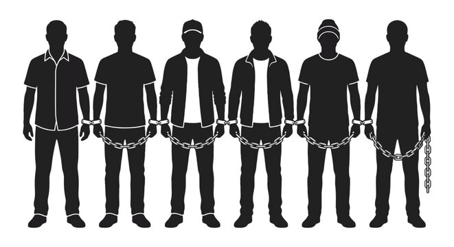 Row of prisoners in chains criminal justice system concept.