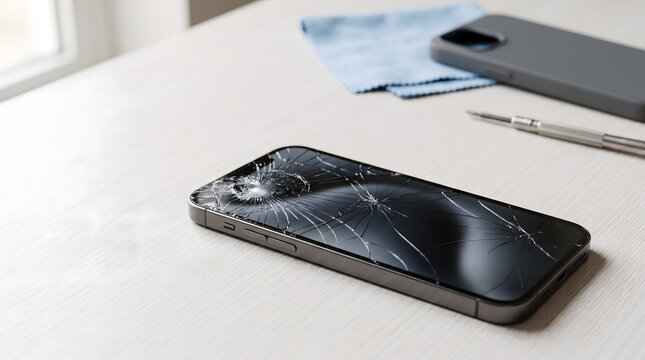 Broken smartphone with shattered screen on wooden desk with repair tools