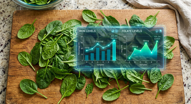 Fresh green spinach leaves on a wooden board with an AI analysis dashboard showing iron and folate levels, representing food science, nutritional research and digital health data