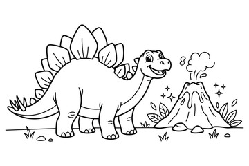 Cute stegosaurus dinosaur coloring page with erupting volcano illustration stegosaurus dinosaur. © Abul