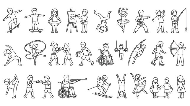 Diverse group of children practicing different sports and hobbies in line art illustration.