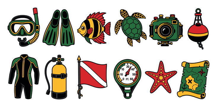 Scuba diving and snorkeling equipment vector icons featuring marine life elements like sea turtle, starfish, tropical fish, wetsuit, oxygen tank, dive flag, and underwater camera