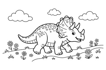 Happy triceratops walking in a flower field coloring page with triceratops dinosaur prehistoric. © Abul