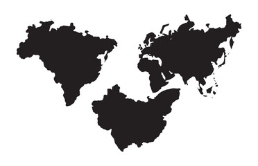 Fototapeta premium Three black world maps of asia brazil and china in simple silhouette shape design isolated on white.