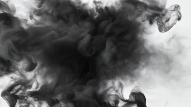 Dark ink cloud expanding in white background with cinematic motion and abstract swirling patterns