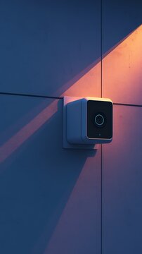 Compact white CCTV on textured wall, premium smart home in background
