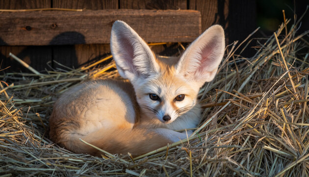 Curious fennec fox relaxing in straw bedding at sunset