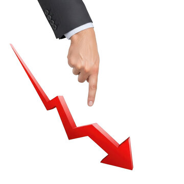 Business person hand pointing at a red downward financial arrow