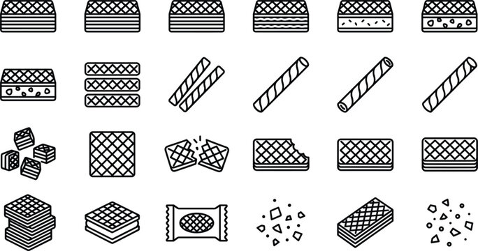 Wafer Biscuit and Chocolate Snack Outline Icon Set with Crispy Cookies, Wafer Rolls, Crackers, Pieces, and Editable Line Vector Collection