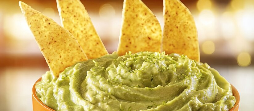 Avocado dip with corn chips in bowl macro shot
