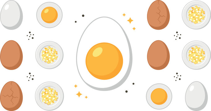 Boiled chicken egg collection featuring whole brown and white shells cracked eggs halves with yellow yolks and chopped diced pieces isolated vector illustration.