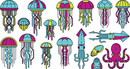Cyberpunk style vector illustration set of colorful neon jellyfish squids and octopus icons for digital design projects © SreemotiDoya