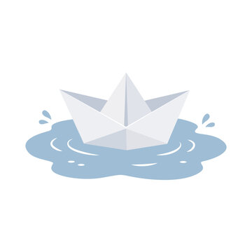 Paper Boat Floating on Water, Flat Pastel Illustration