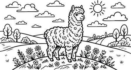 Fototapeta premium Cute alpaca coloring page for kids. Printable line art illustration with flowers and sun.