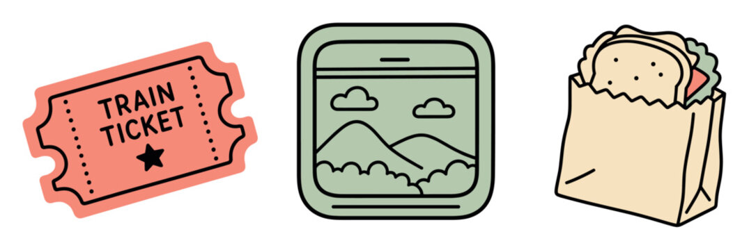 Train travel icons set including ticket window and sandwich in paper bag, perfect for journey planning and commuting concepts