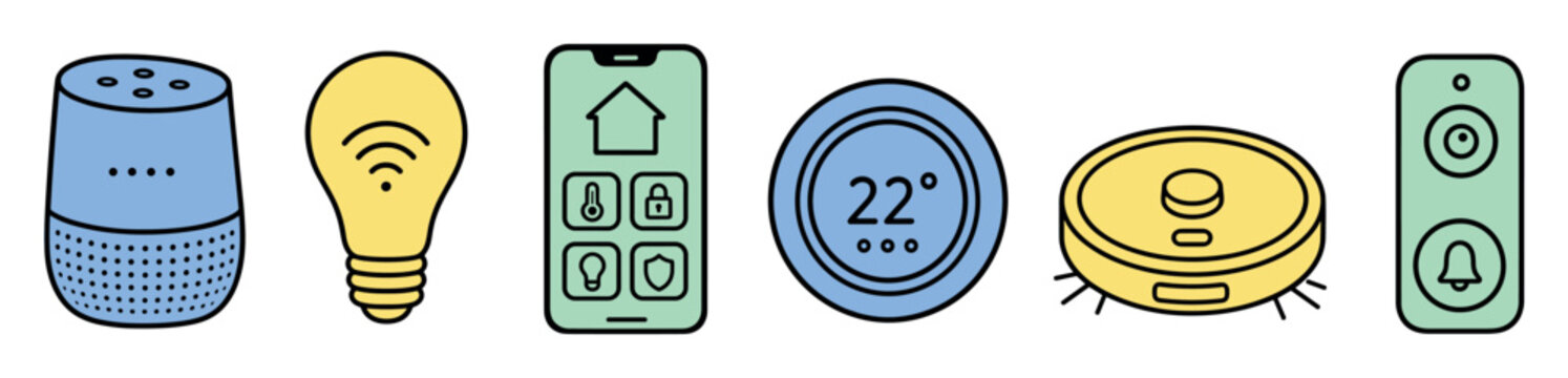 Smart home devices and automation technology icons including smart speaker, light bulb, mobile phone app, thermostat, robotic vacuum, and video doorbell