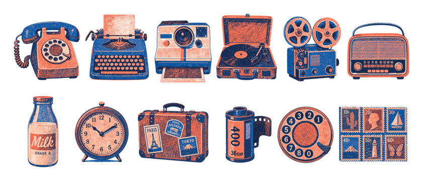 Vintage retro objects collection including rotary telephone, typewriter, instant camera, record player, radio, suitcase, and alarm clock in a distressed halftone style