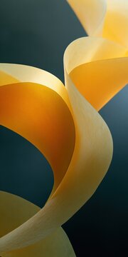 Curled yellow paper ribbon abstract background with soft curves for minimalist wallpaper and surface design
