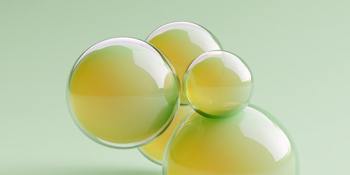 Cluster of translucent green and yellow glass spheres on pale green backdrop for abstract background and decorative design