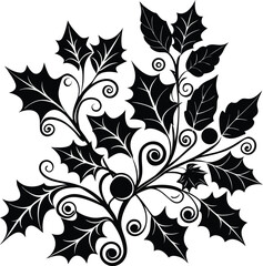 Fototapeta premium Elegant Black Holly Leaves With Berries Vector