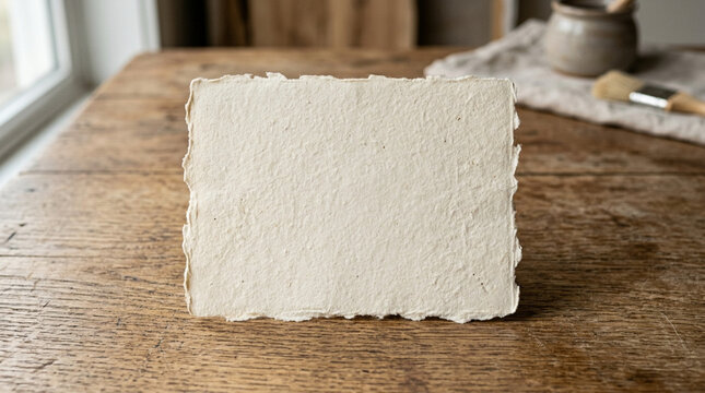 Blank Textured Paper Sheet with Rough Edges on Rustic Wooden Table