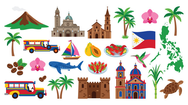 Icons of Philippines landmarks nature symbols transport culture and traditional heritage.