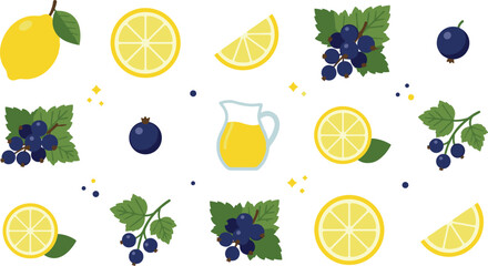 Fresh yellow lemon and blackcurrant berry collection featuring whole fruits circular slices wedges juice pitcher and green leaves isolated vector illustration set. © Nasrin