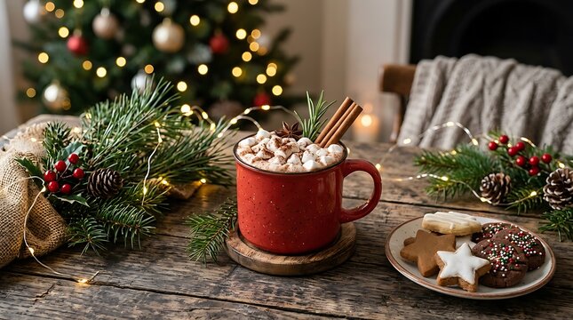 Red mug filled with creamy hot chocolate with cinnamon sticks and star anise on wooden table near christmas tree background.
