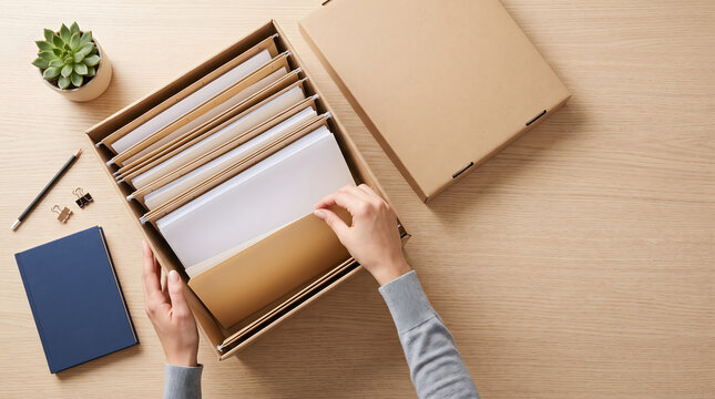 Hands organizing documents in cardboard file box on wooden desk top view