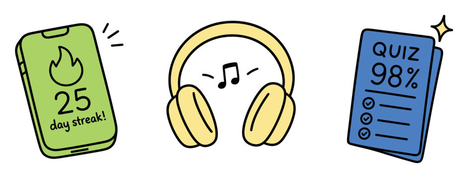 Colorful hand drawn learning icons featuring a smartphone with a streak counter, headphones with a music note, and a quiz paper with a high score