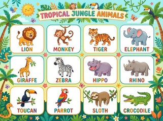 Fototapeta premium Tropical jungle animal educational poster for child. Cartoon wild character collection with labels for preschool learning. Nursery wall art with cute fauna and nature wilderness theme.