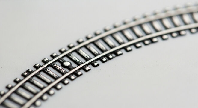 Close-up of miniature train tracks with silver rails and dark sleepers on a clean, bright surface.