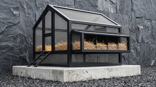 Sleek minimalist black metal poultry house featuring wire mesh walls and straw nesting boxes for modern urban backyard farming utility.