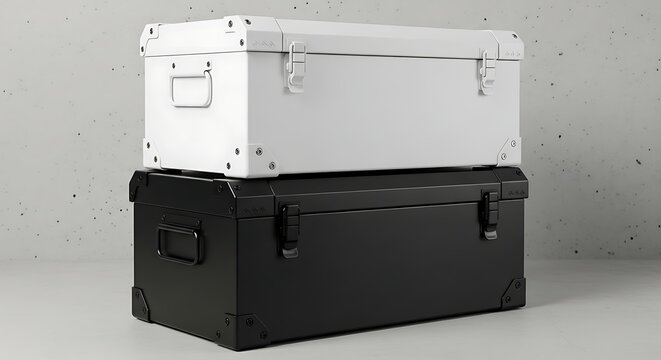 Two heavy metal storage trunks stacked together inside an empty industrial room with concrete walls and sturdy latches securing their lids for safe travel and secure domestic organization