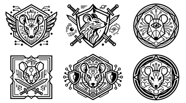 Collection of stylized mouse emblems with digital circuit elements.