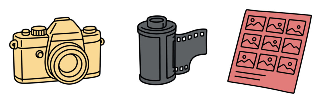 Vintage analog camera and film roll icons representing retro photography equipment and classic photo printing processes in a simple hand-drawn doodle illustration style