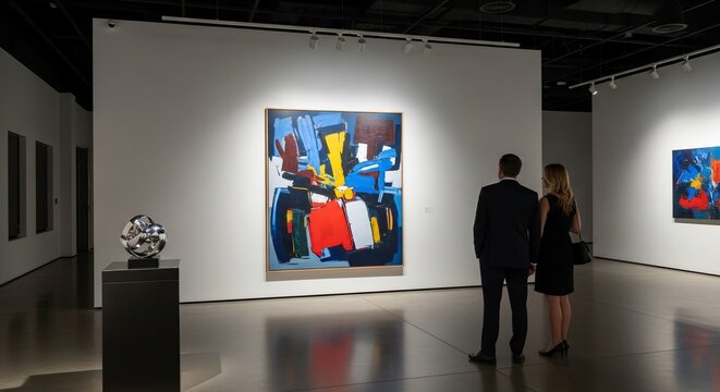 People observing abstract art gallery