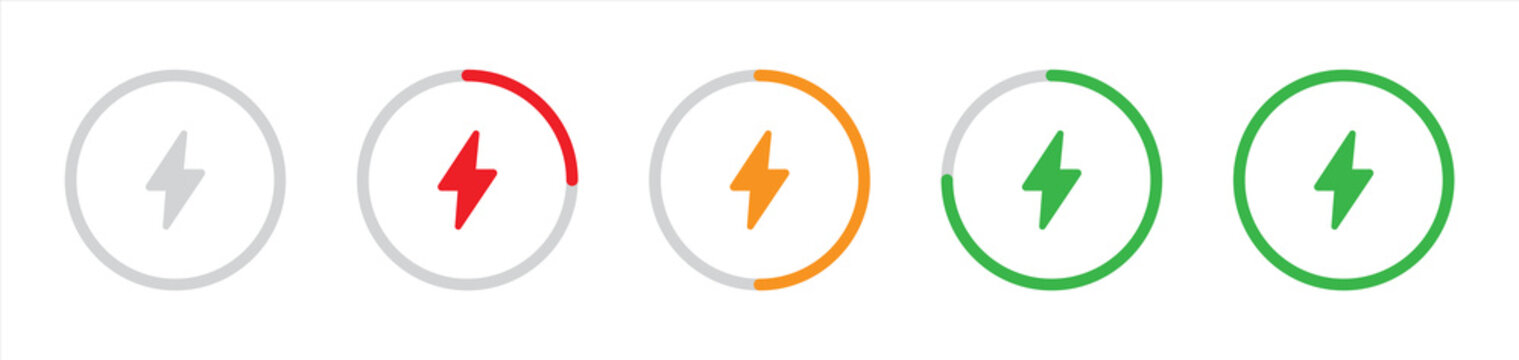 Battery charging status indicator icon set, electric power level, energy meter, charge progress, low medium high full battery capacity, editable vector illustrations