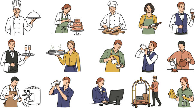 Chef bartender waiter and hospitality staff character collection with restaurant service profession illustrationsChef bartender waiter and hospitality staff character collection with 