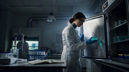 Fototapeta premium Female Scientist Analyzing Sample in Laboratory with Refrigerator and Equipment