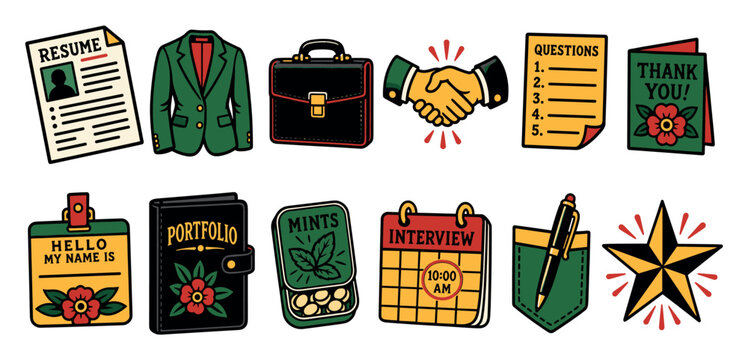 Job interview retro tattoo style icon set with a resume, suit jacket, briefcase, handshake, name tag, portfolio, and calendar for career preparation and employment success