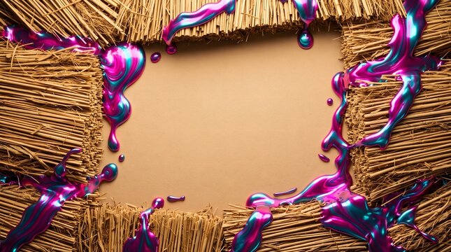 Luxury commercial backdrop of compressed raw natural straw reed structures with flowing high gloss liquid electric teal blue and neon magenta pink chrome lacquer fluid