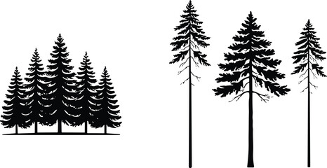 Obraz premium Black Pine Tree Silhouette and Detailed Conifer Vector Set for Minimalist Outdoor Logos, Mountain Branding, and Nature Graphic Designs
