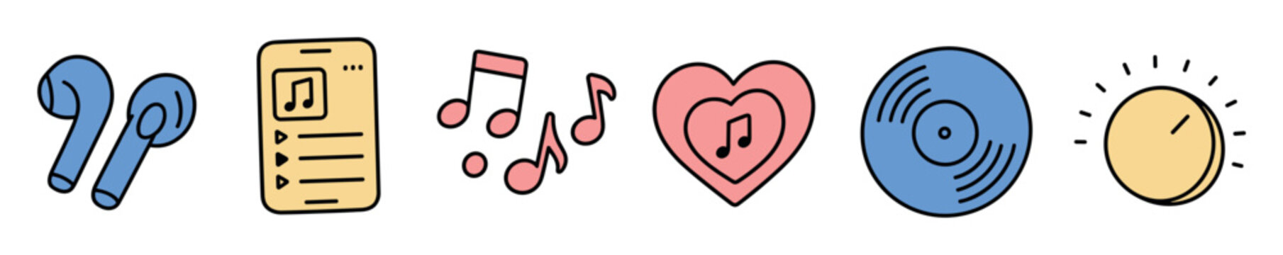 Hand drawn music doodle icons including wireless earbuds, smartphone music player app, musical notes, heart with note, vinyl record, and volume knob