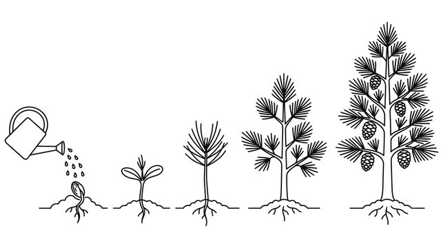 Pine tree growth stages from seed watering to mature plant with cones.