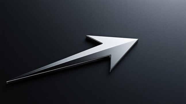 Shiny metallic arrow points up on dark background. Chrome symbol signifies growth success forward movement progress, direction. Abstract design represents business strategy ambition development