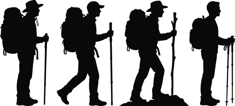 Hikers and backpackers silhouettes with trekking poles and walking sticks, mountain tourists exploring nature, outdoor adventure and travel, people