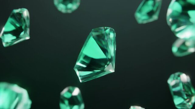 Ultra realistic emerald crystal flakes drift in still air, translucent gemstone fragments rotating with brilliant green and white reflections under soft studio lighting in cinematic macro view.